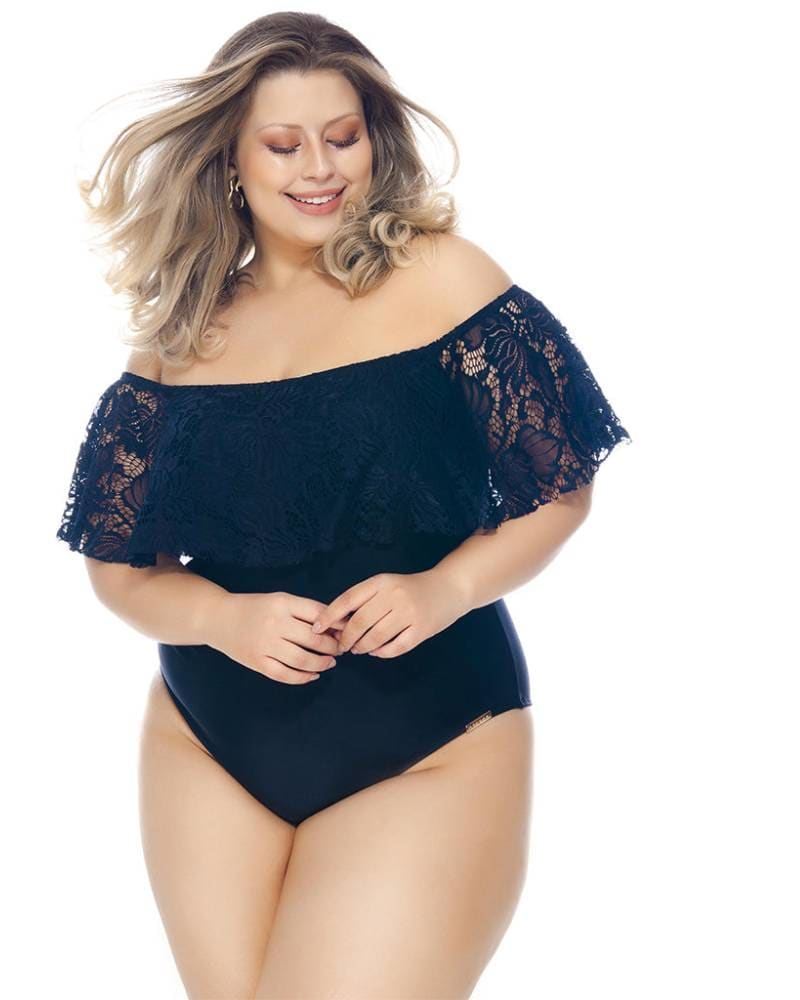 Front of a model wearing a size 14 Off Shoulder Swimsuit With Padded Cups And Ruffles in Black by Lehona. | dia_product_style_image_id:267666